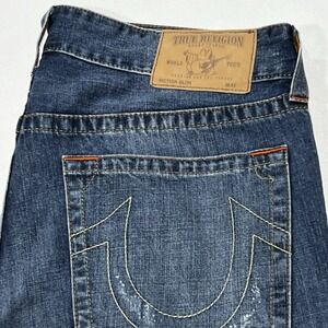 True Religion Men Slim Fit Blue Jeans Cotton Denim Distressed Size 36X34 (38X34)